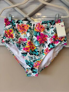 NWT SO White Floral Bikini Bottom Womens Size 1X Hi-Waist Cinched Lined Juniors